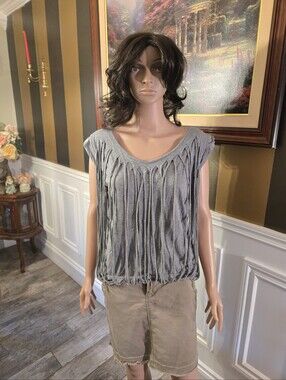 Vivienne Tam Gray Fringe Short Sleeve Knit Top Y2k